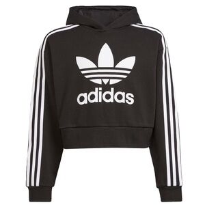 Adidas | Girlโs Adicolor Cropped Black Hoodie with White Stripes, Small 9-10Y